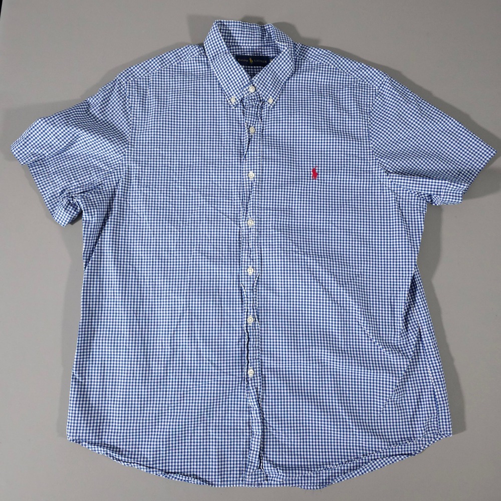 Ralph Lauren Button Down Shirt Mens XL Blue Gingham Short Sleeve Cotton Pony